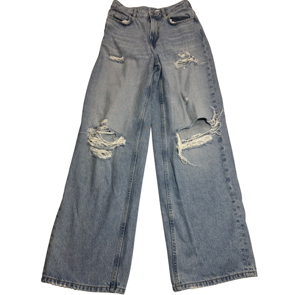 Divided H&M Wide Leg Jeans Women's Blue Excellent Ripped Distressed Size 4